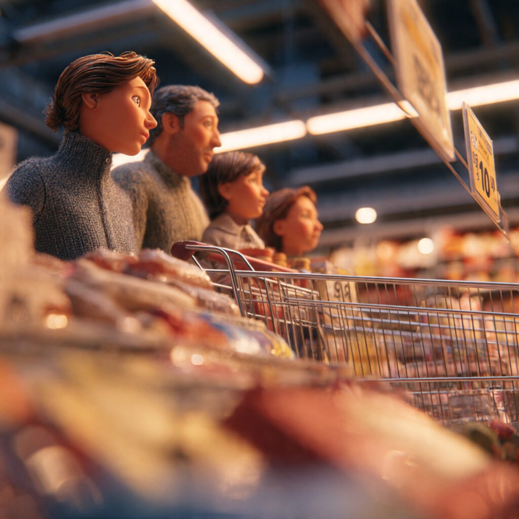 Rising inflation 2026 — family comparing grocery prices in supermarket amid cost of living crisis