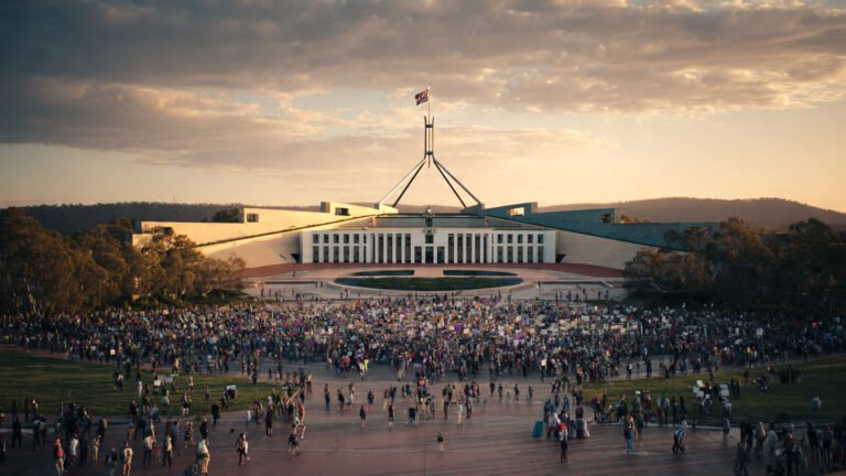 Australian voters gathered outside Parliament House Canberra expressing political dissatisfaction in 2026