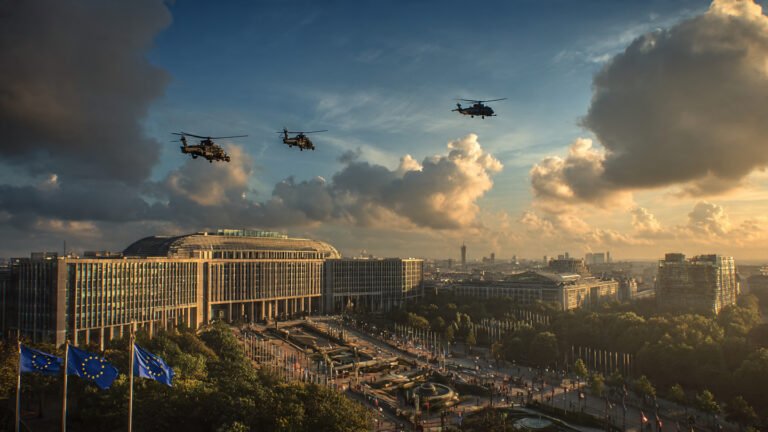 EU defense coordination summit 2026 — European Parliament Brussels with EU flags and military helicopters at golden hour