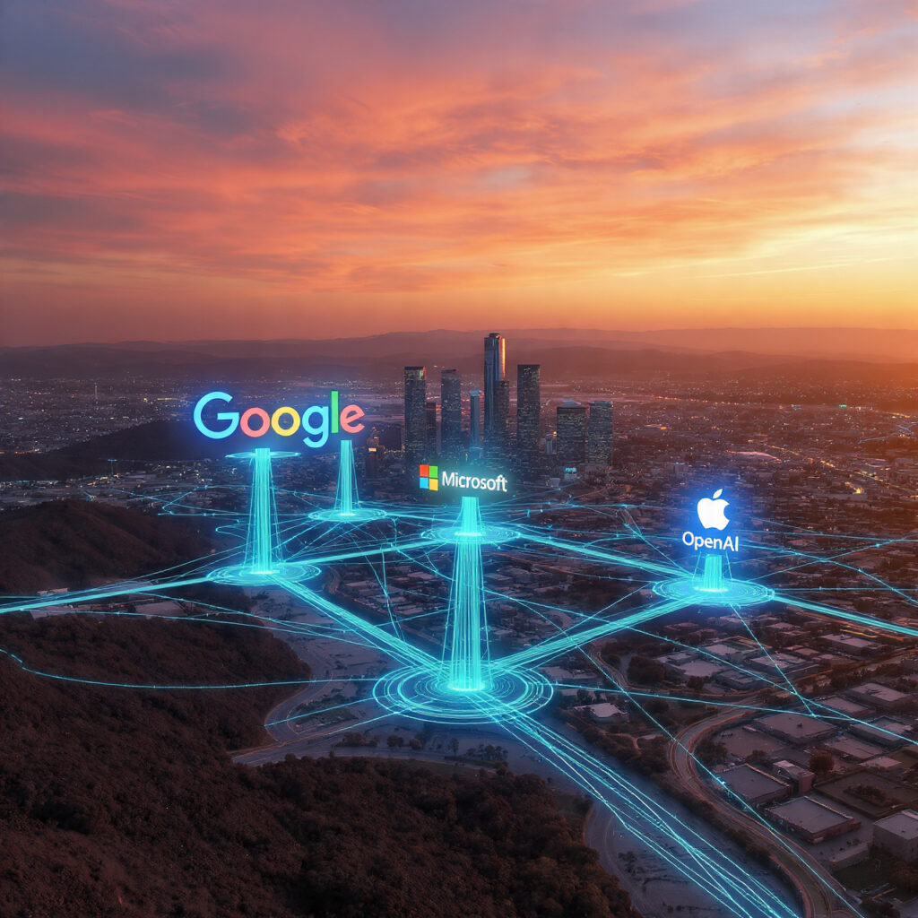 Silicon Valley AI platform competition 2026 — data streams connecting Big Tech company headquarters