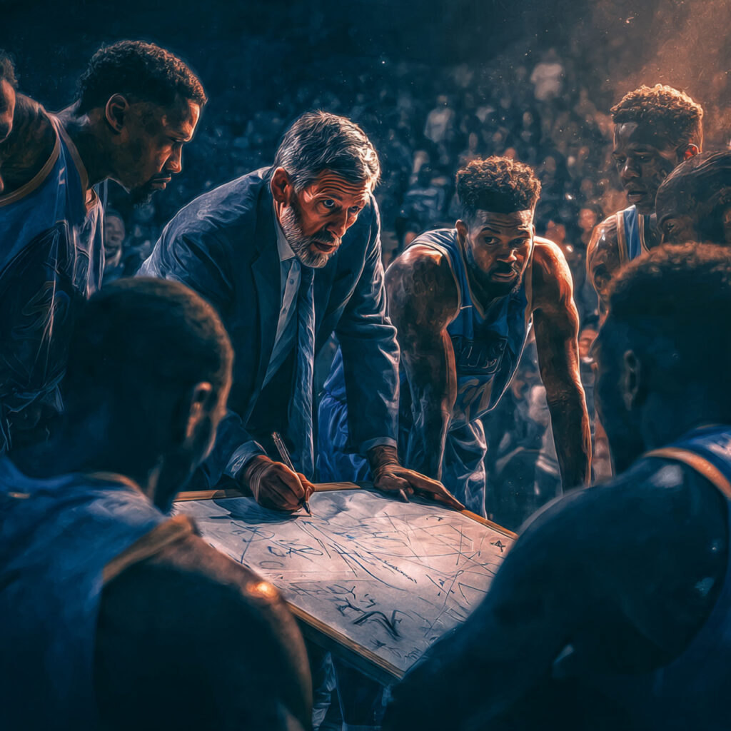 NBA head coach drawing play during playoff timeout amid elimination pressure in 2026