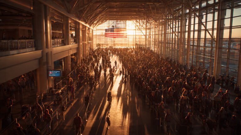 Crowded airport security line during potential US government shutdown 2026 — TSA checkpoint delays
