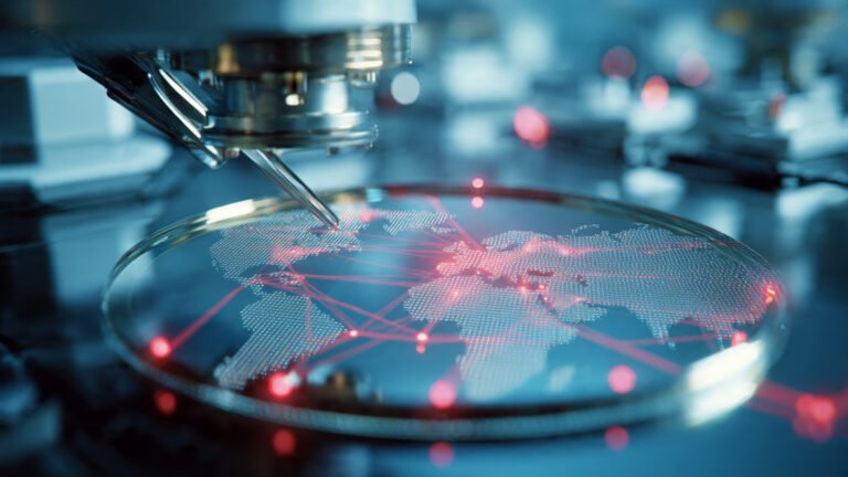 Semiconductor wafer inside a cleanroom during the 2026 chip supply chain crisis — global trade route disruptions highlighted on a digital map overlay