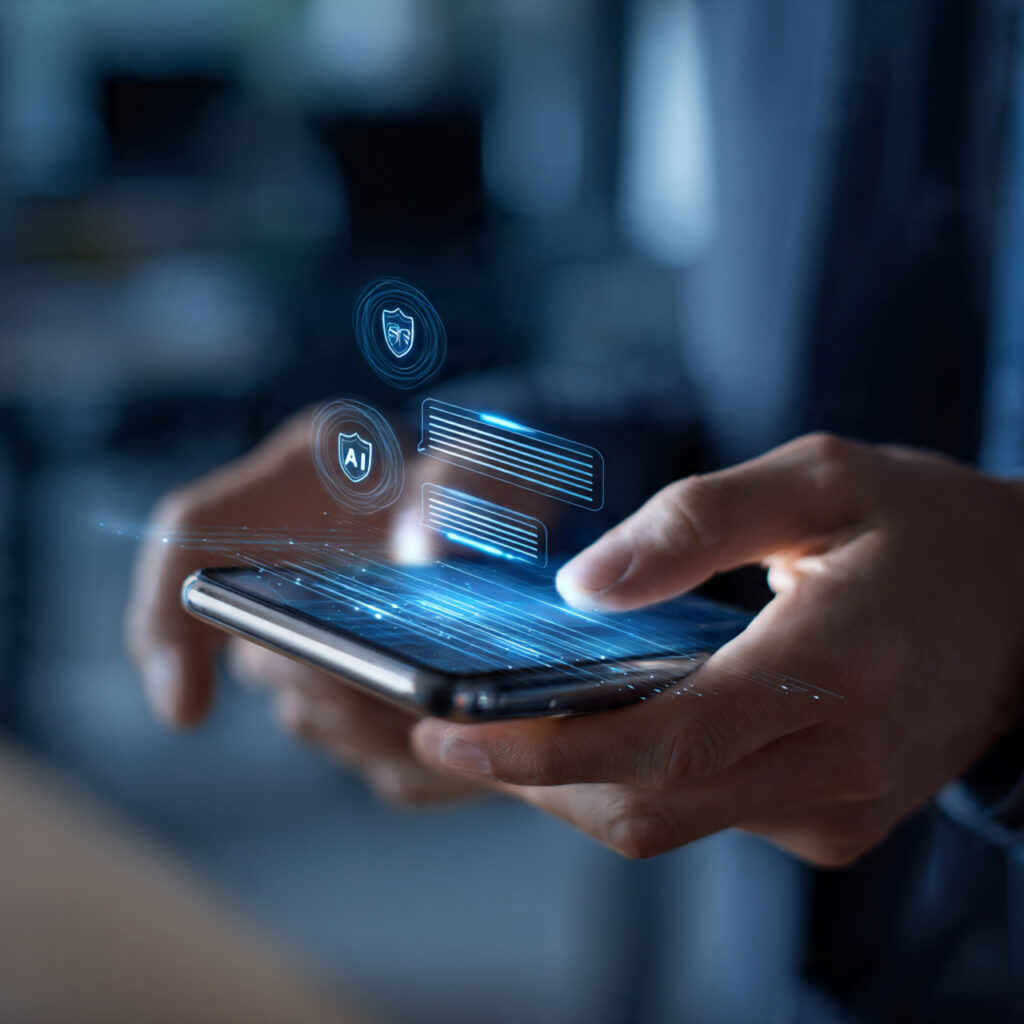 On-device AI privacy in 2026 — businessman using AI assistant with data privacy protection features