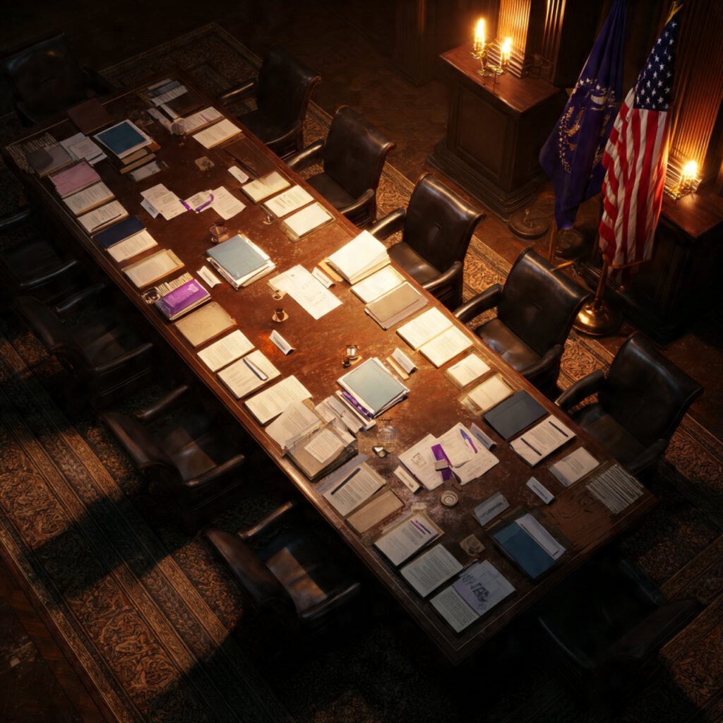 Senate conference table with budget documents during 2026 US Congress funding dispute
