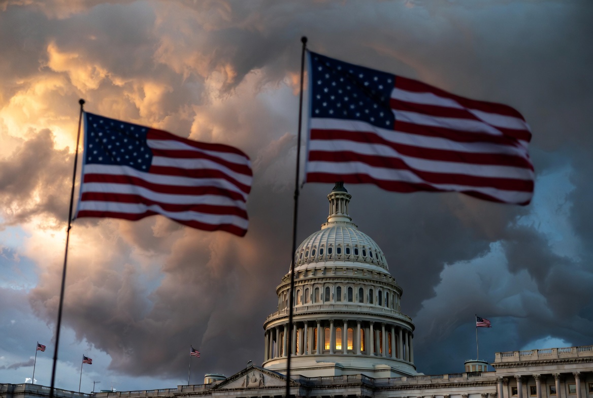 US Capitol building at dusk with dramatic skies representing 2026 midterm election political tensions