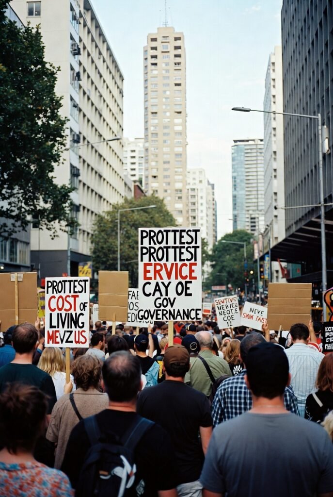 Cost of living protest in Melbourne Australia March 2026 with diverse crowd of demonstrators