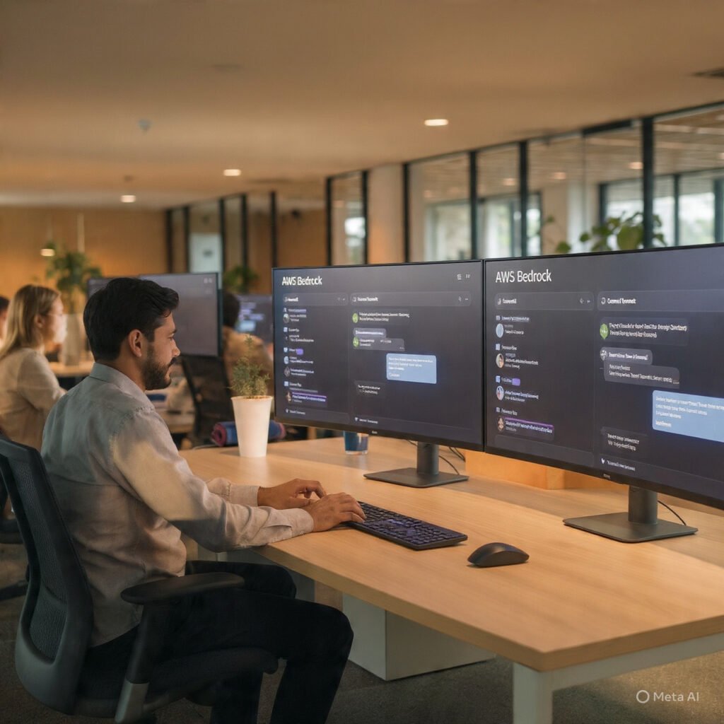 Small business AI adoption 2026 — employees using Amazon AWS Bedrock AI tools in modern office environment