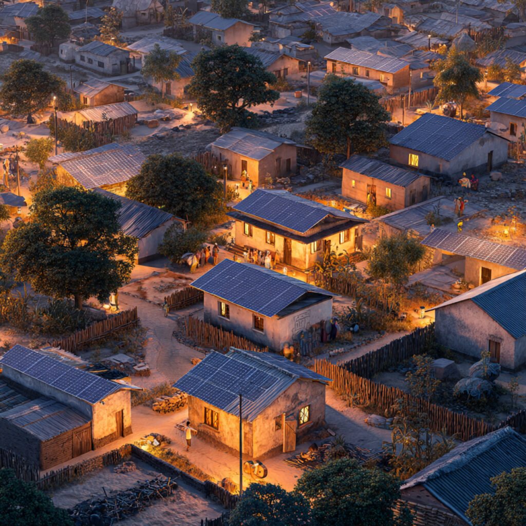 Rural village solar microgrid powering homes Africa renewable energy