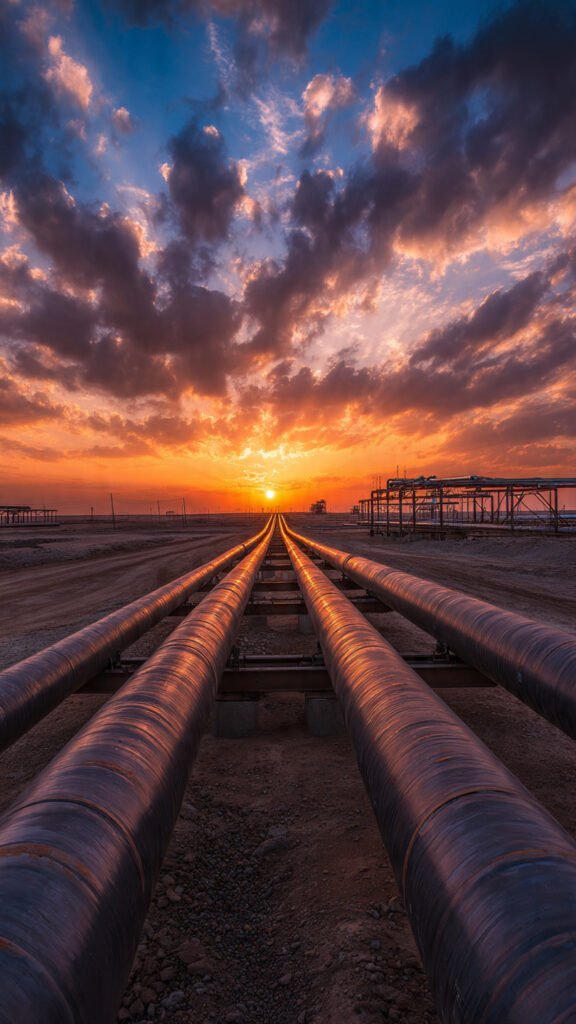 Oil pipelines desert sunset Libya energy infrastructure wide angle