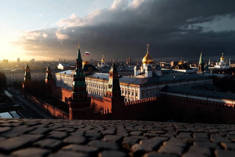 Russia global strategy 2026 — Kremlin at dusk symbolizing Moscow's expanding geopolitical influence amid Western pressure