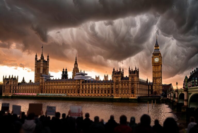 Houses of Parliament at dusk with stormy sky reflecting UK political and economic crisis 2026