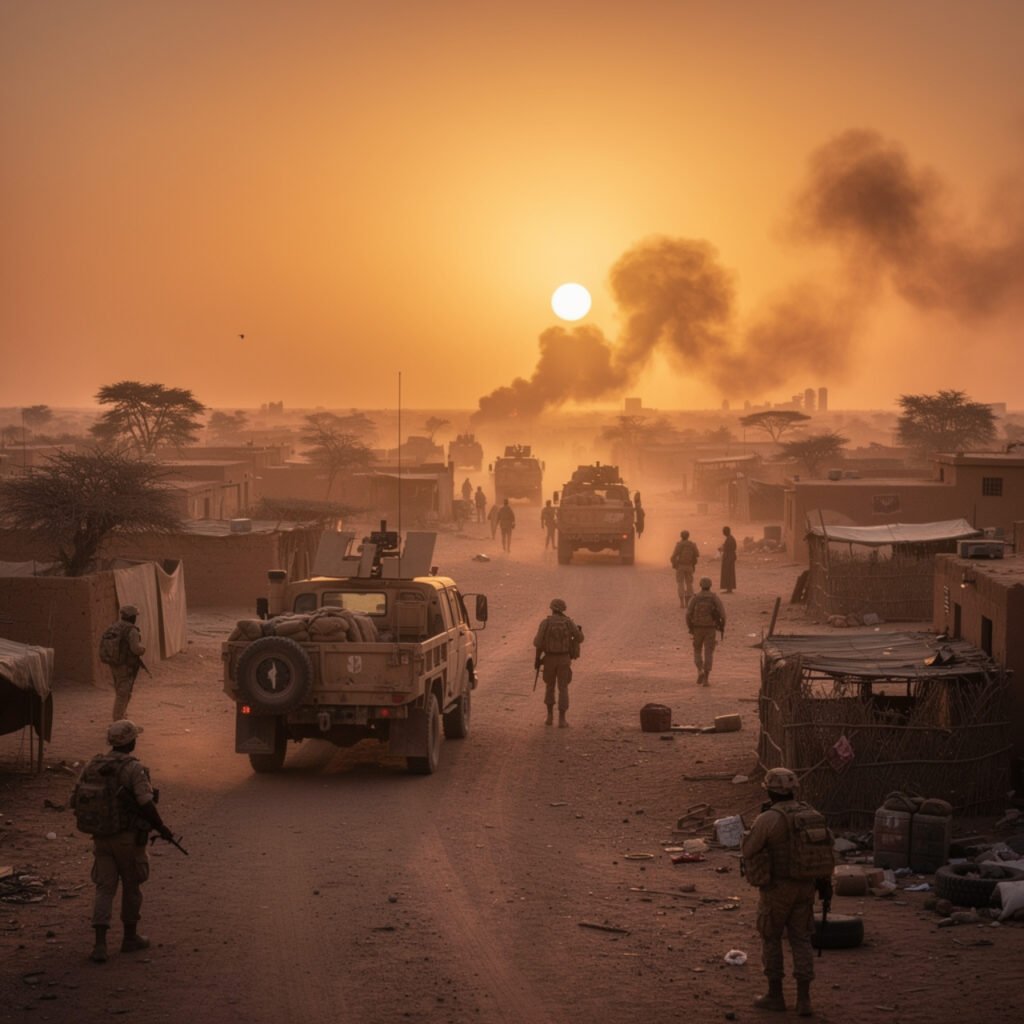 Military soldiers in West Africa standing at government building after coup 2025