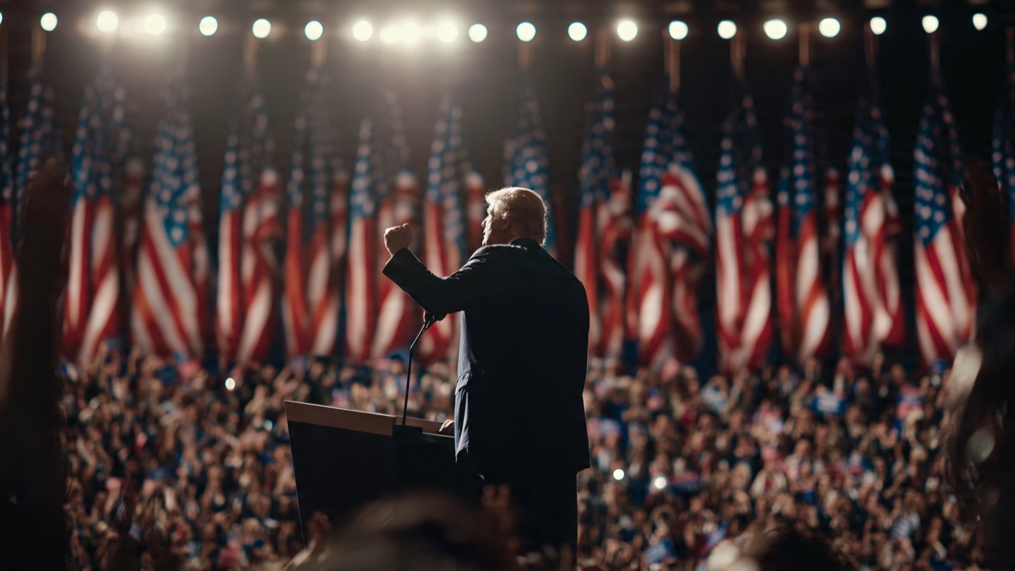 Donald Trump addressing supporters after Republican primary victories in 2026