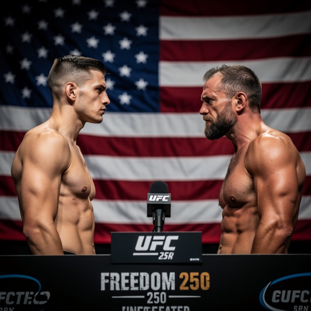 Ilia Topuria and Justin Gaethje staredown at UFC Freedom 250 press conference ahead of White House lightweight title fight 2026
