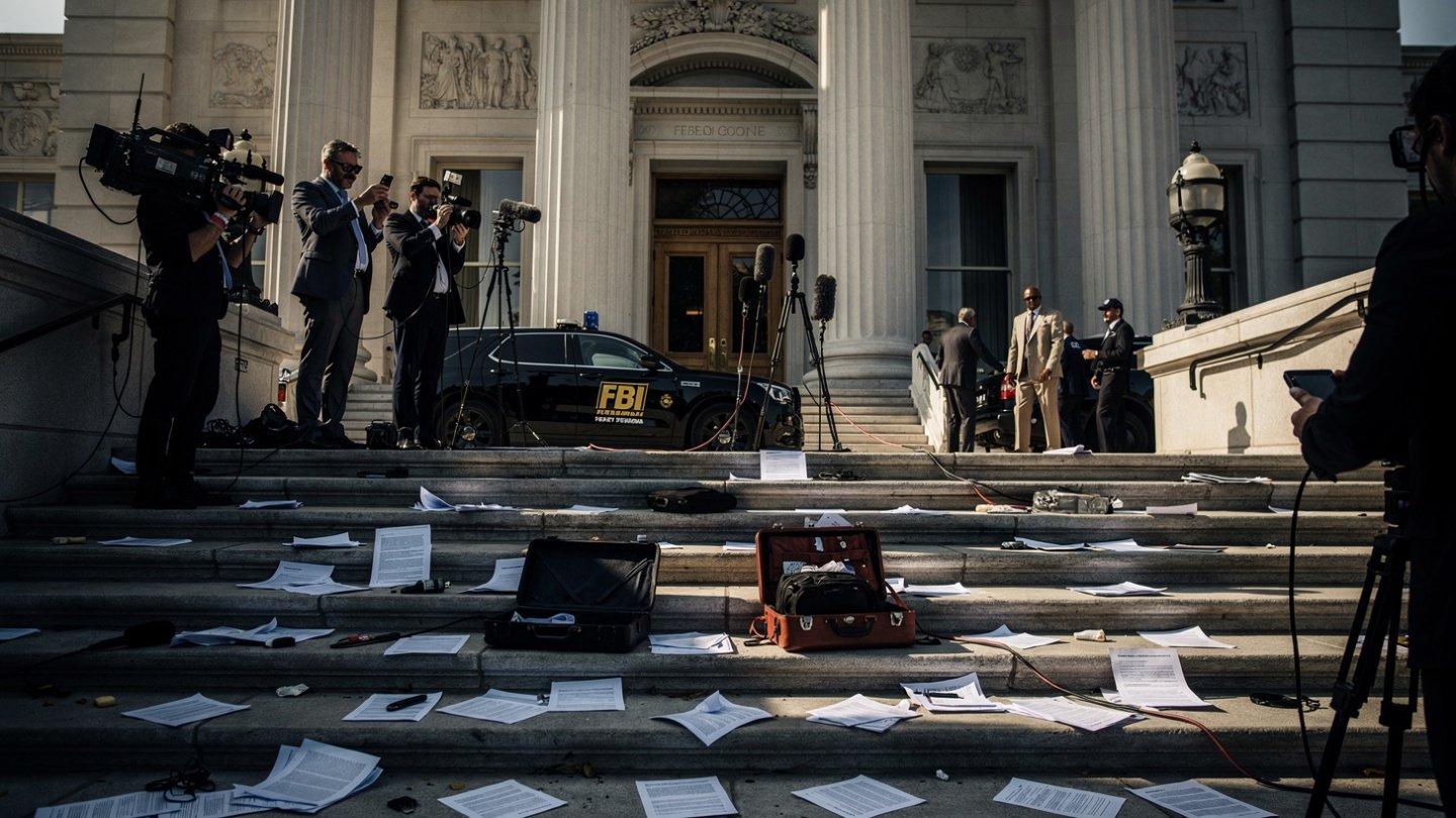 “Ultra-realistic federal courthouse scene in New Bern with legal documents, courthouse steps, journalists, and subtle FBI-related imagery in background, cinematic news photography style, 16:9”