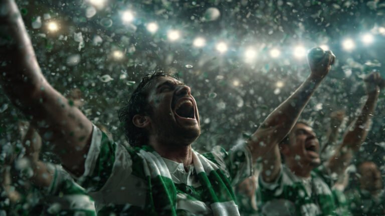 Ultra-realistic cinematic football stadium scene showing Celtic players celebrating league title win under dramatic lights, green and white confetti falling, emotional crowd atmosphere, editorial sports photography style, 16:9 aspect ratio banner style image banner style