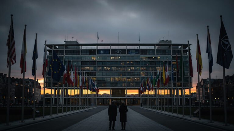 NATO headquarters at dusk with US and European flags symbolizing the growing transatlantic security divide in 2026
