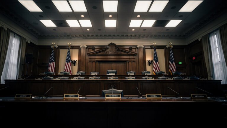 A dramatic wide-angle photorealistic editorial photograph of a US Capitol hearing room — a long elevated committee dais with empty name placards and microphones, dramatic overhead institutional lighting, American flags framing the chamber. The atmosphere is formal, imposing, and anticipatory. No faces or text visible. Cinematic documentary style.