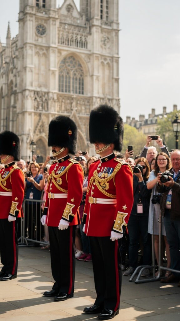 Editorial-style image of royal guards outside Westminster during state ceremony with London crowd 1;1