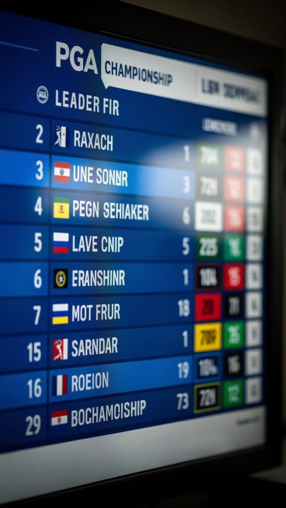 Cinematic close-up of PGA Championship leaderboard screen showing player rankings and scores