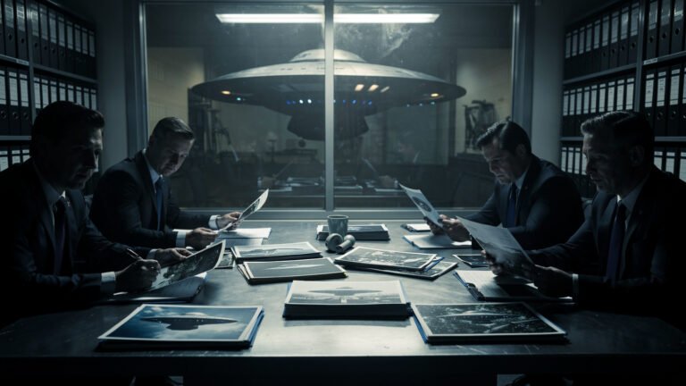 Ultra-realistic cinematic editorial image of a classified government archive room with glowing UFO files spread across a metal desk, shadowy officials reviewing aerial photographs, mysterious spacecraft silhouette reflected on glass, dramatic lighting, newsroom documentary style, ultra detailed, 16:9 aspect ratio