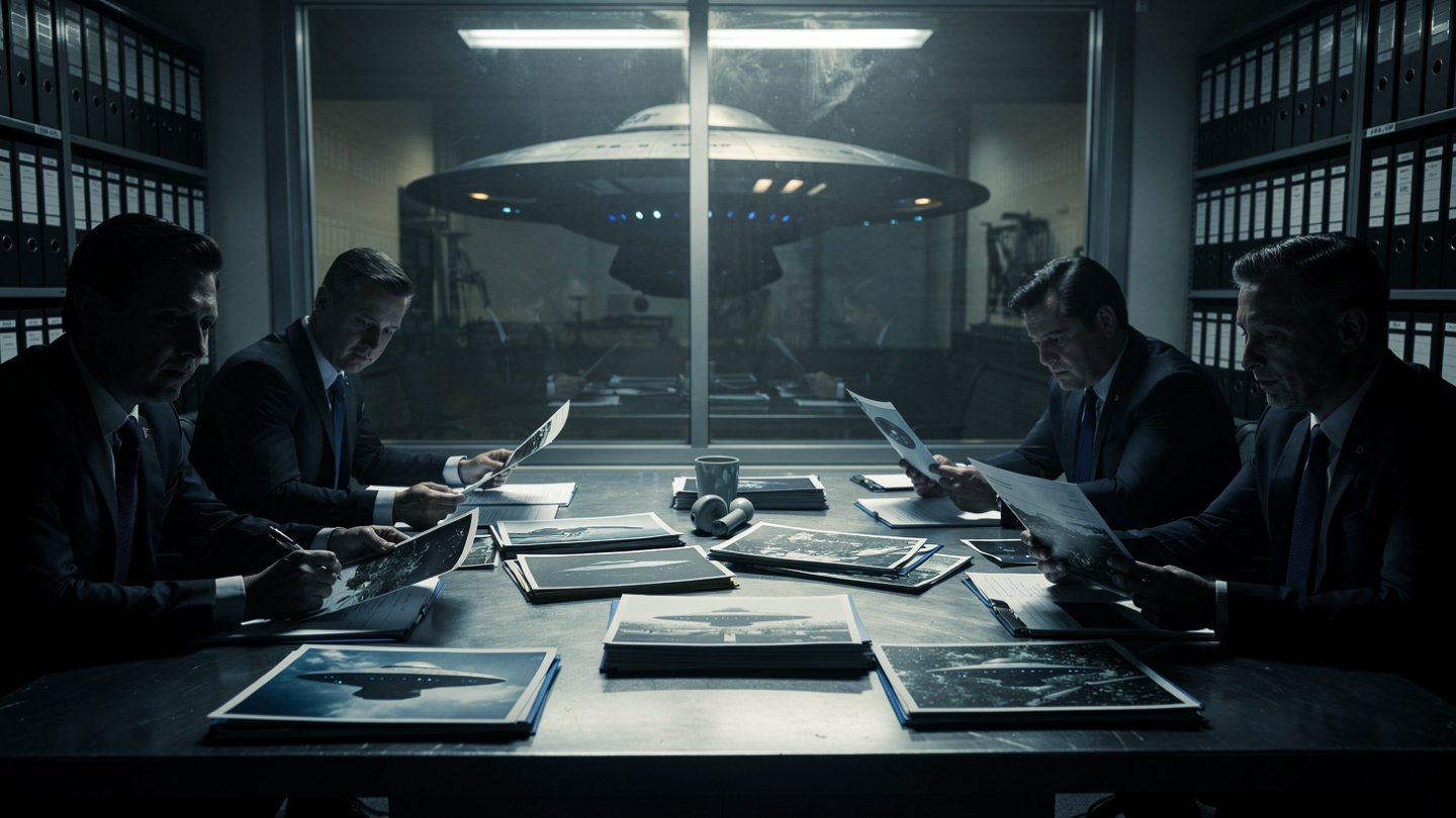 Ultra-realistic cinematic editorial image of a classified government archive room with glowing UFO files spread across a metal desk, shadowy officials reviewing aerial photographs, mysterious spacecraft silhouette reflected on glass, dramatic lighting, newsroom documentary style, ultra detailed, 16:9 aspect ratio