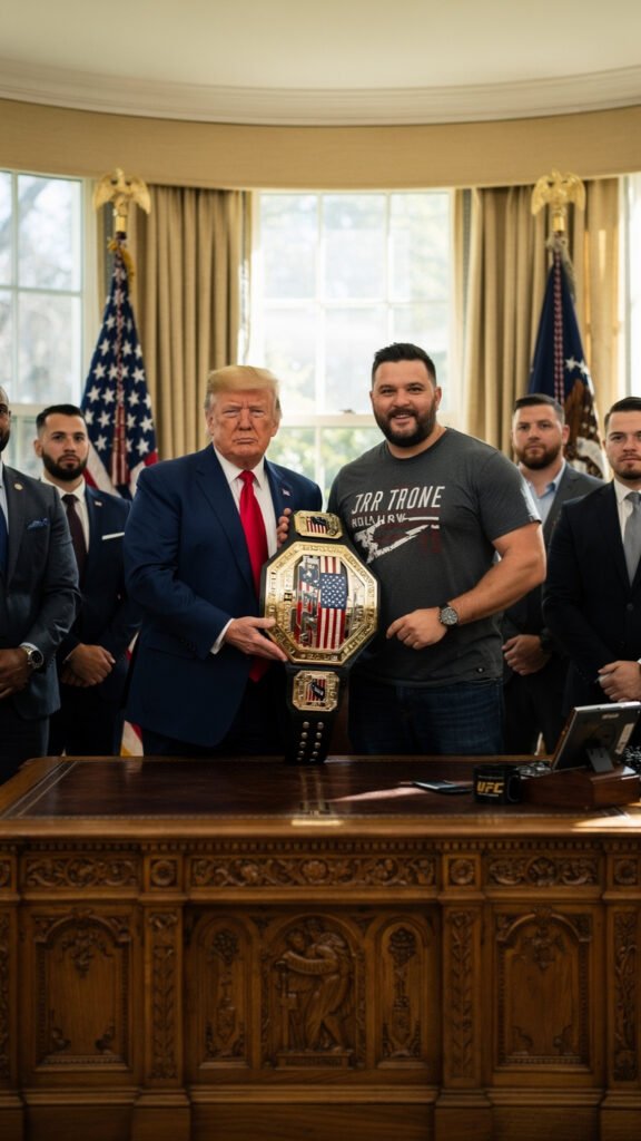 Donald Trump and Dana White unveiling the UFC Freedom 250 championship belt inside the Oval Office in 2026