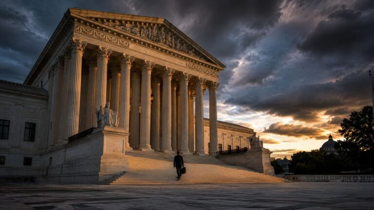 U.S. Supreme Court building at dusk — Voting Rights Act ruling 2026 Warnock reaction