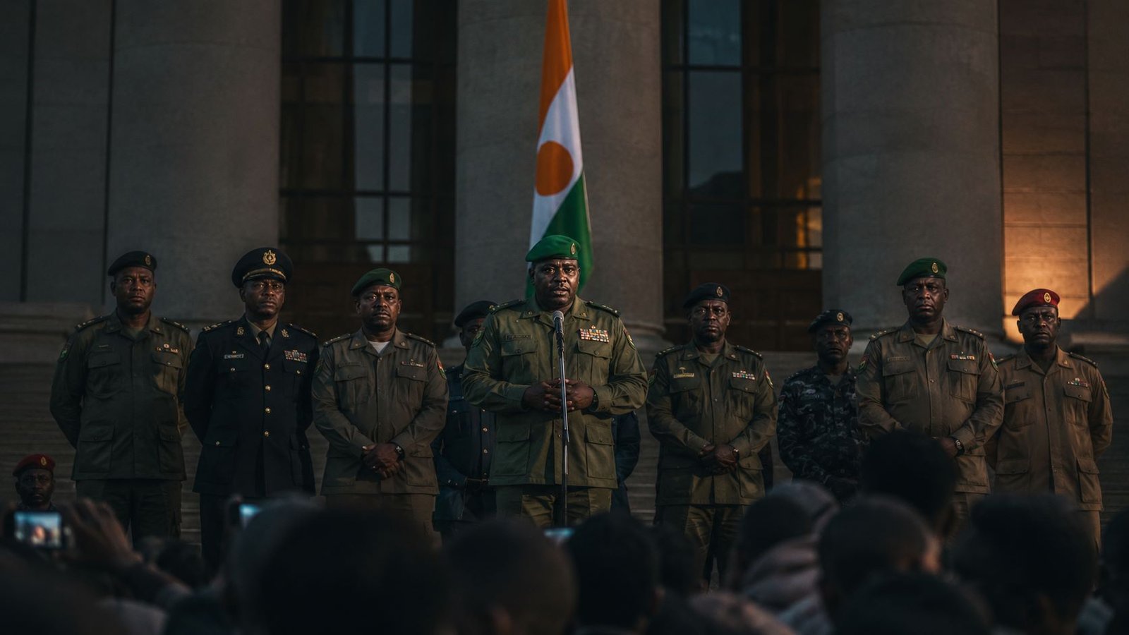 Military soldiers in West Africa standing at government building after coup 2025