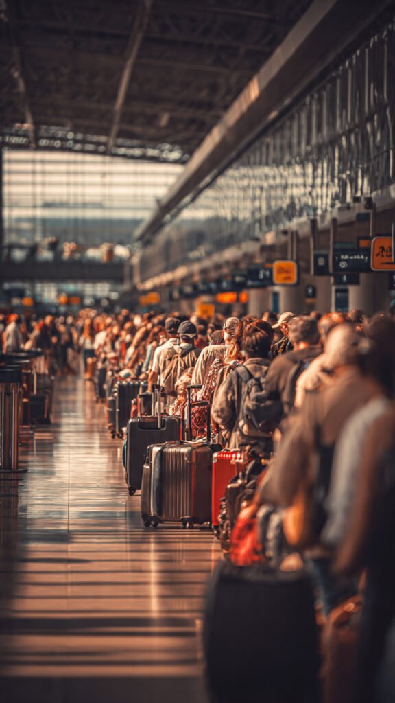 Travelers waiting airport frustrated passengers luggage