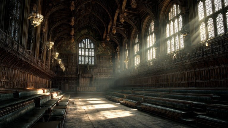 UK Parliament interior dramatic lighting political debate atmosphere