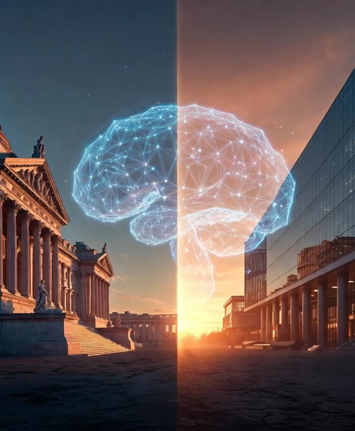 US government and tech industry AI regulation battle 2026 — government building facing tech headquarters with AI neural network visualization