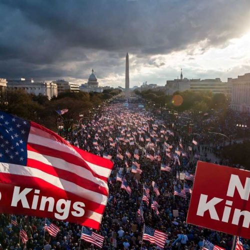 Massive No Kings protest march in Washington D.C. in 2026 with hundreds of thousands of people carrying American flags