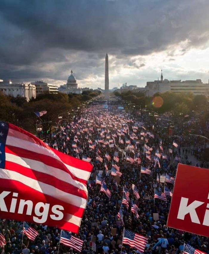 Massive No Kings protest march in Washington D.C. in 2026 with hundreds of thousands of people carrying American flags