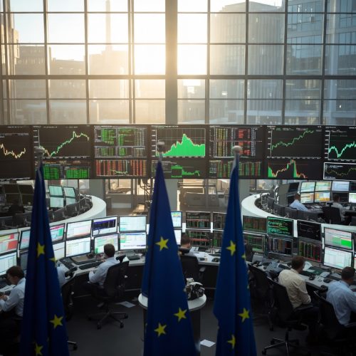 Frankfurt Stock Exchange trading floor showing rising market charts amid geopolitical tensions in Europe 2026