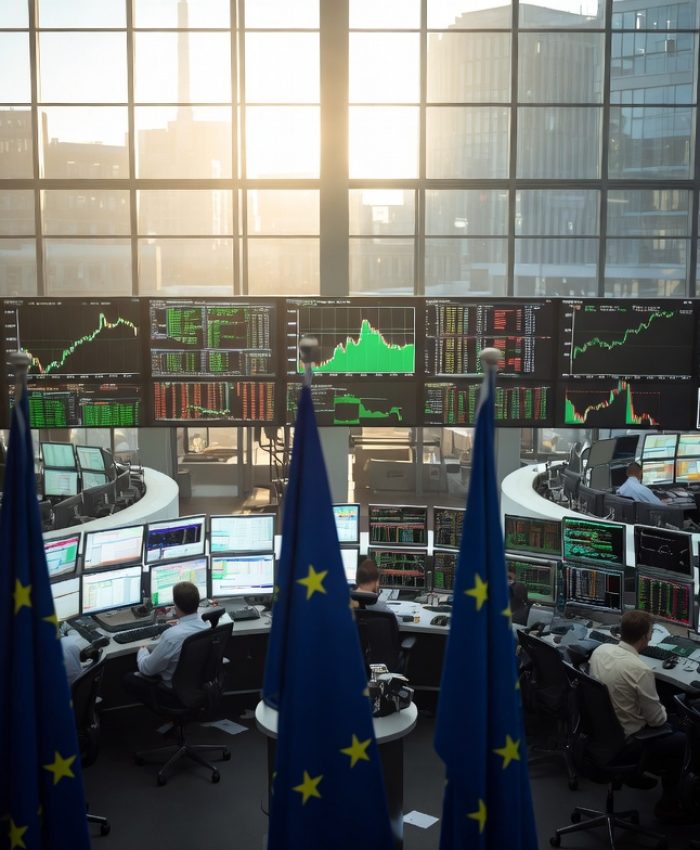 Frankfurt Stock Exchange trading floor showing rising market charts amid geopolitical tensions in Europe 2026