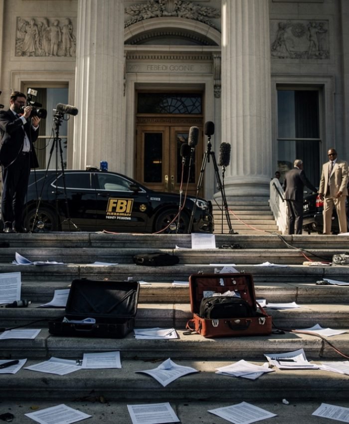 “Ultra-realistic federal courthouse scene in New Bern with legal documents, courthouse steps, journalists, and subtle FBI-related imagery in background, cinematic news photography style, 16:9”