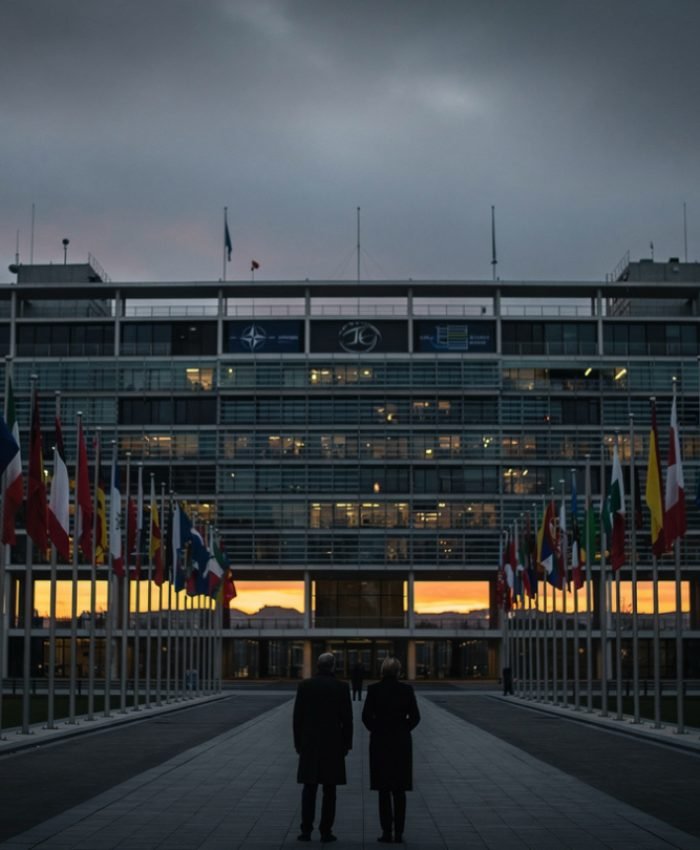 NATO headquarters at dusk with US and European flags symbolizing the growing transatlantic security divide in 2026