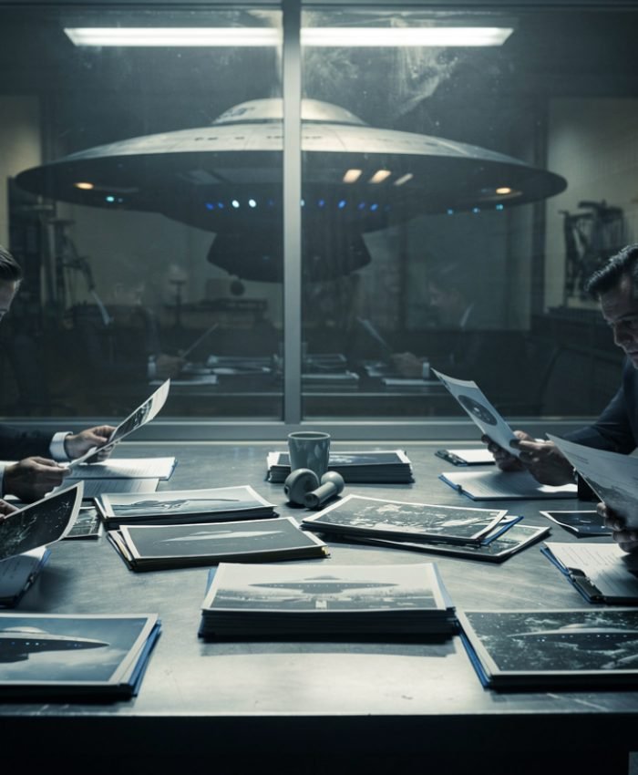 Ultra-realistic cinematic editorial image of a classified government archive room with glowing UFO files spread across a metal desk, shadowy officials reviewing aerial photographs, mysterious spacecraft silhouette reflected on glass, dramatic lighting, newsroom documentary style, ultra detailed, 16:9 aspect ratio