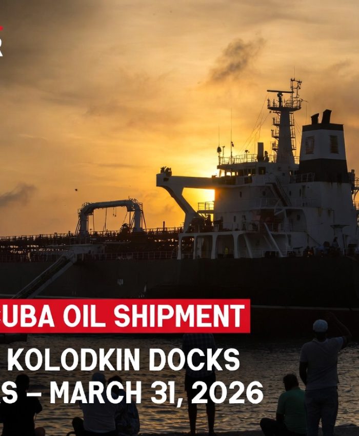 Russian oil tanker Anatoly Kolodkin arriving at Matanzas Cuba port at sunset March 31 2026 carrying 730000 barrels of crude oil ending three-month US blockade of Cuban energy supply