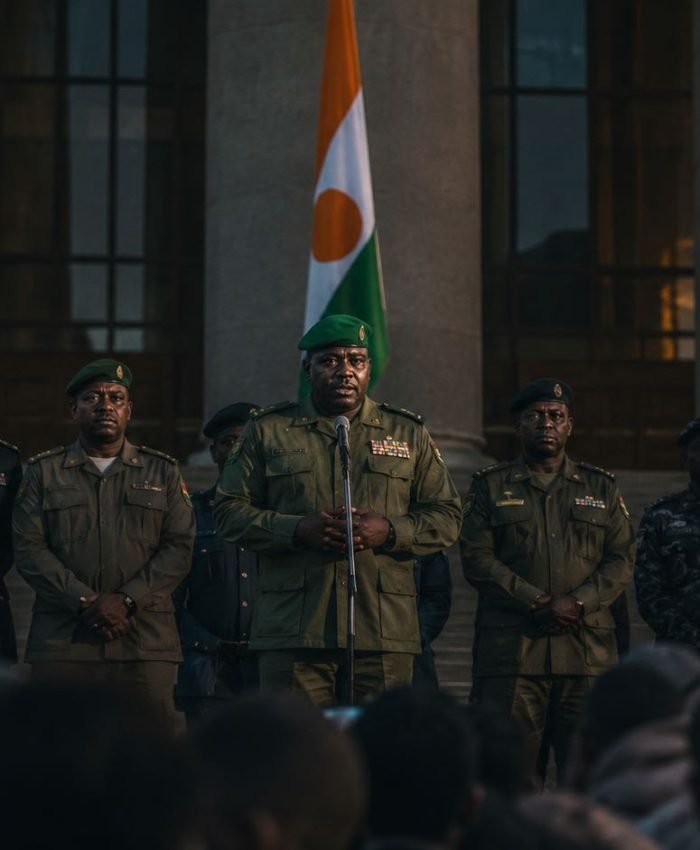 Military soldiers in West Africa standing at government building after coup 2025