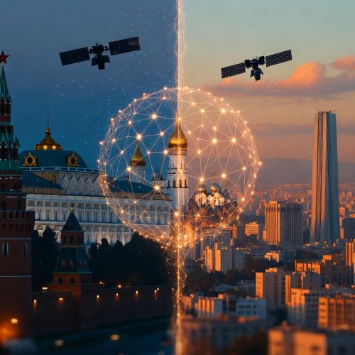 Russia and Iran capitals connected by digital military network — geopolitical alliance 2026