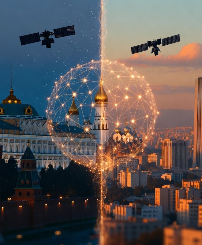 Russia and Iran capitals connected by digital military network — geopolitical alliance 2026
