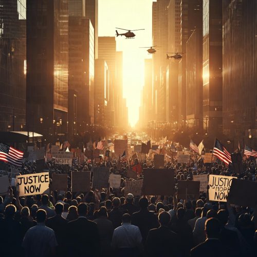 Thousands of Americans marching in a massive protest wave through a major US city in 2026, with signs and flags under golden hour ligh