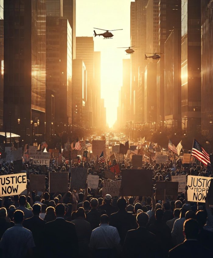 Thousands of Americans marching in a massive protest wave through a major US city in 2026, with signs and flags under golden hour ligh