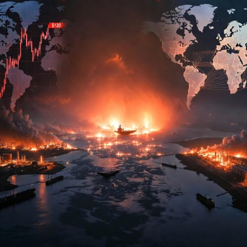 Global conflict 2026 — aerial night view of the Strait of Hormuz blocked by Iran following Operation Epic Fury US-Israel attack, showing the geopolitical crisis causing the world's largest oil supply disruption and global economic shock