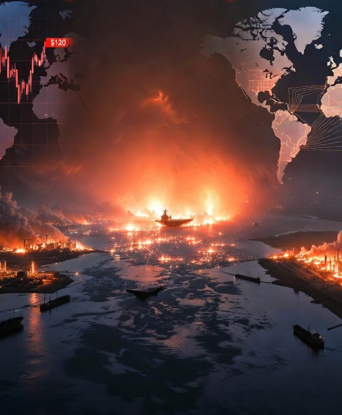 Global conflict 2026 — aerial night view of the Strait of Hormuz blocked by Iran following Operation Epic Fury US-Israel attack, showing the geopolitical crisis causing the world's largest oil supply disruption and global economic shock