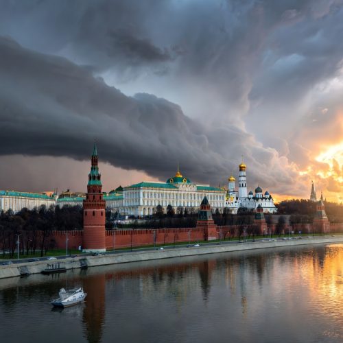 Kremlin Moscow skyline at dusk reflecting Russia's growing global power in 2026