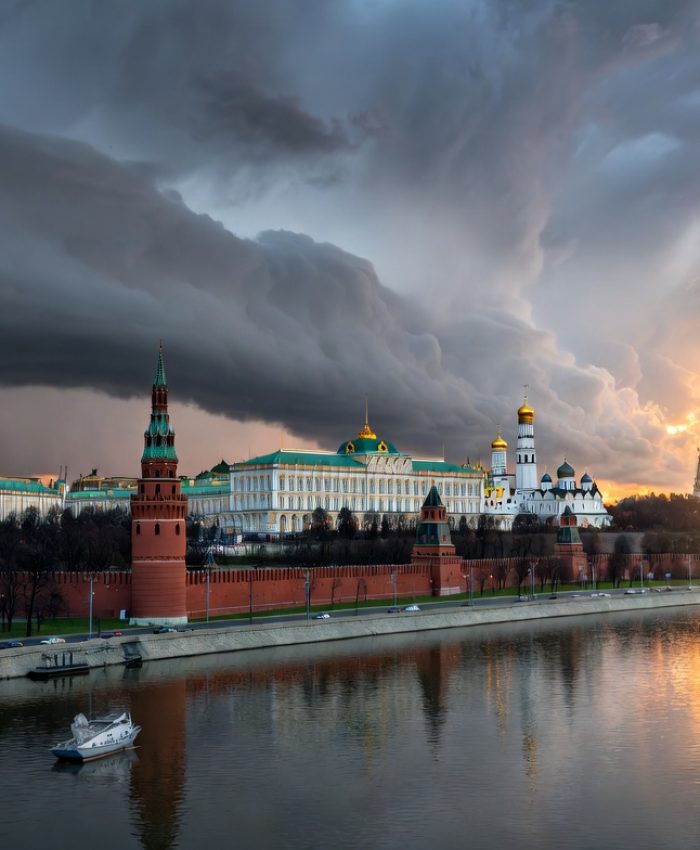 Kremlin Moscow skyline at dusk reflecting Russia's growing global power in 2026